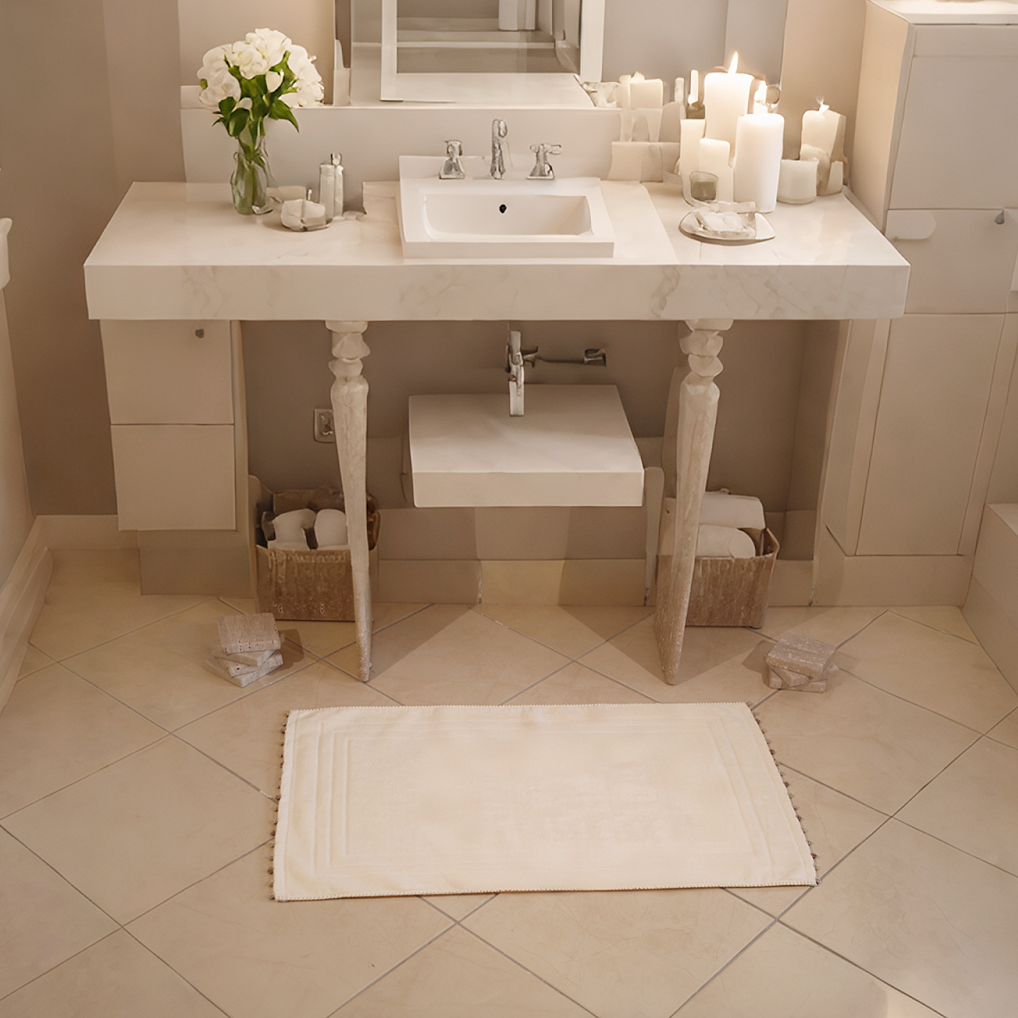 Tapis de Bain Écru Brodé